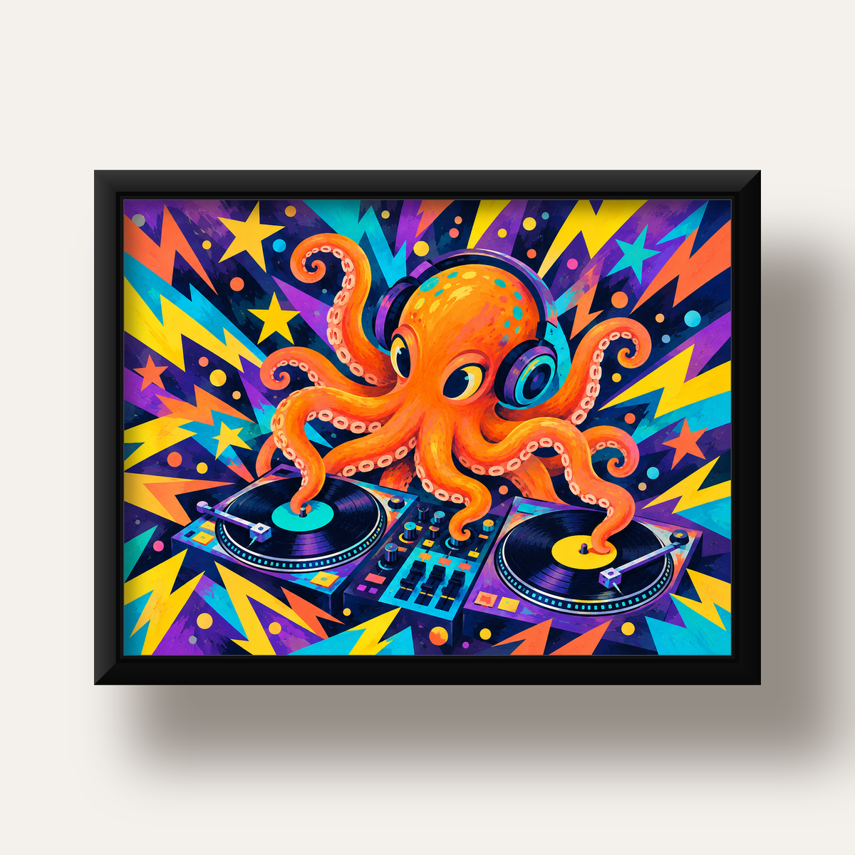 DJ Ahtapot Poster – Renkli Dijital İllüstrasyon Duvar Sanatı — siyah derin çerçeveli