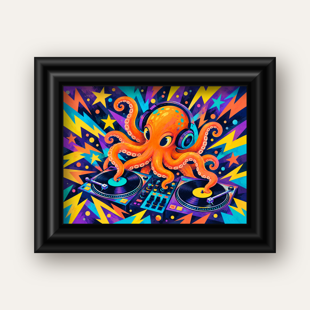 DJ Ahtapot Poster – Renkli Dijital İllüstrasyon Duvar Sanatı — siyah galeri çerçeveli