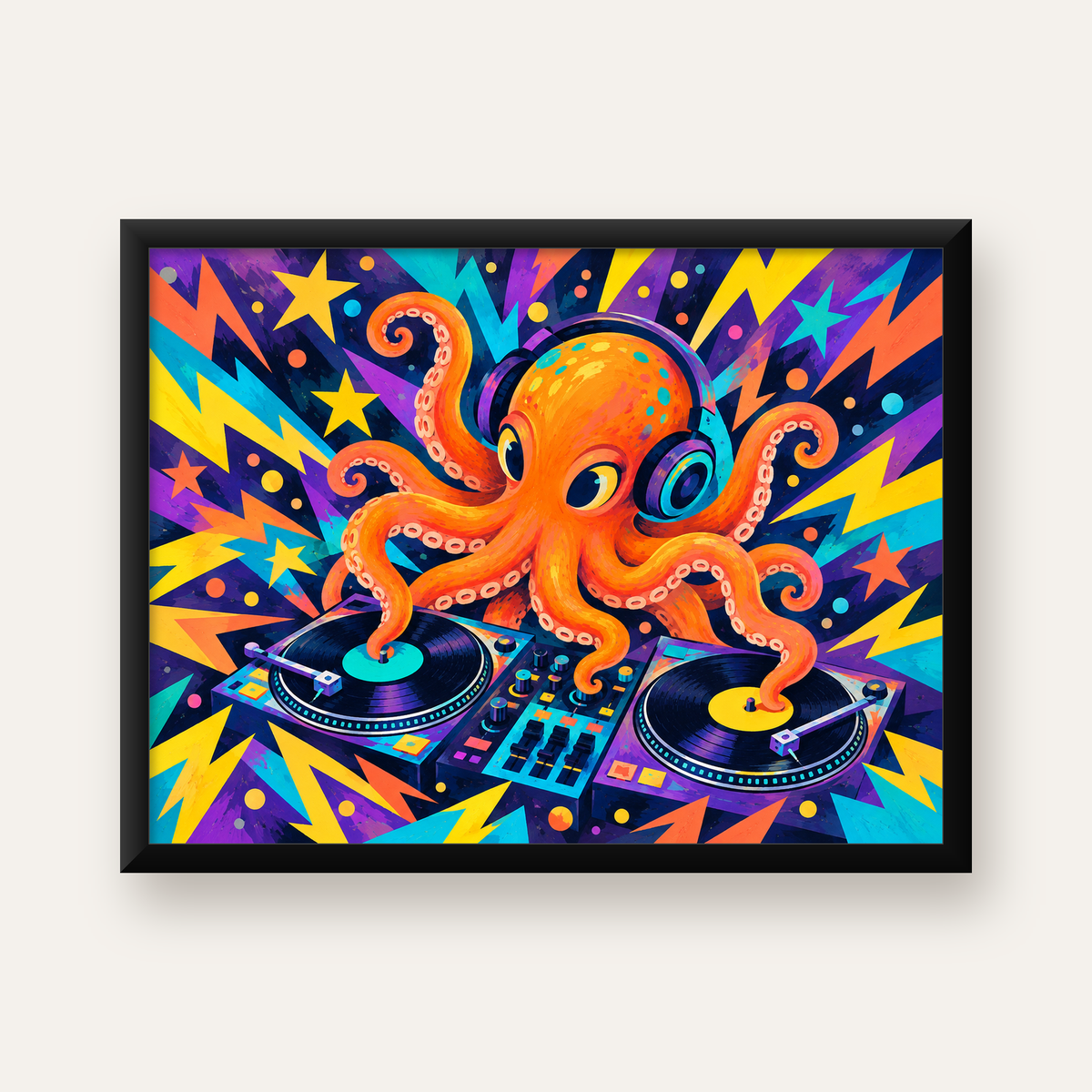 DJ Ahtapot Poster – Renkli Dijital İllüstrasyon Duvar Sanatı — Yatay baskı, düz siyah çerçeveli duvar posteri