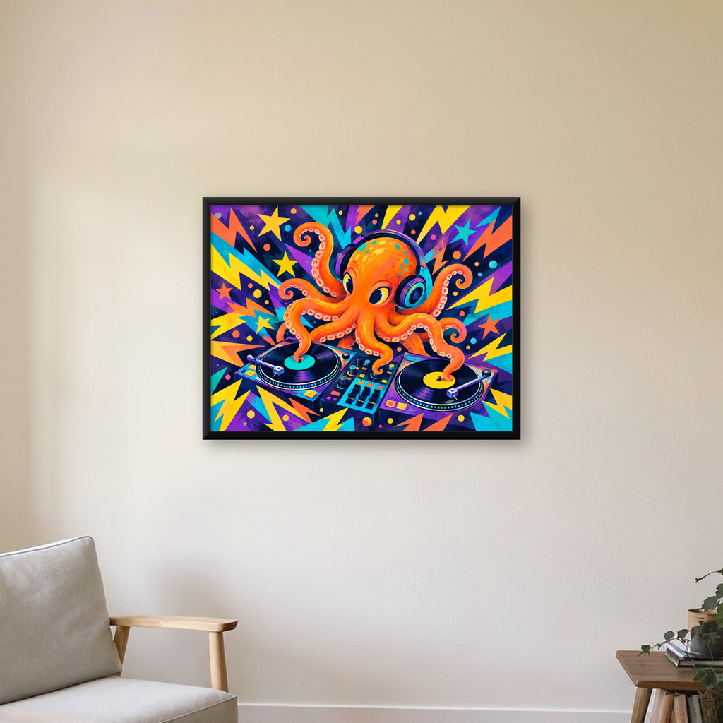 DJ Ahtapot Poster – Renkli Dijital İllüstrasyon Duvar Sanatı — Yatay baskı, çerçeveli hâliyle bir ev duvarında