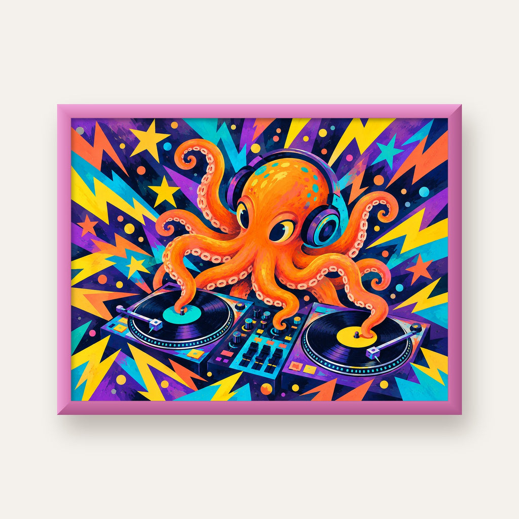 DJ Ahtapot Poster – Renkli Dijital İllüstrasyon Duvar Sanatı — pembe çerçeveli