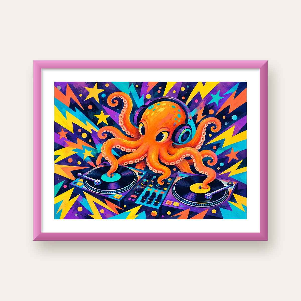 DJ Ahtapot Poster – Renkli Dijital İllüstrasyon Duvar Sanatı — pembe çerçeveli paspartulu