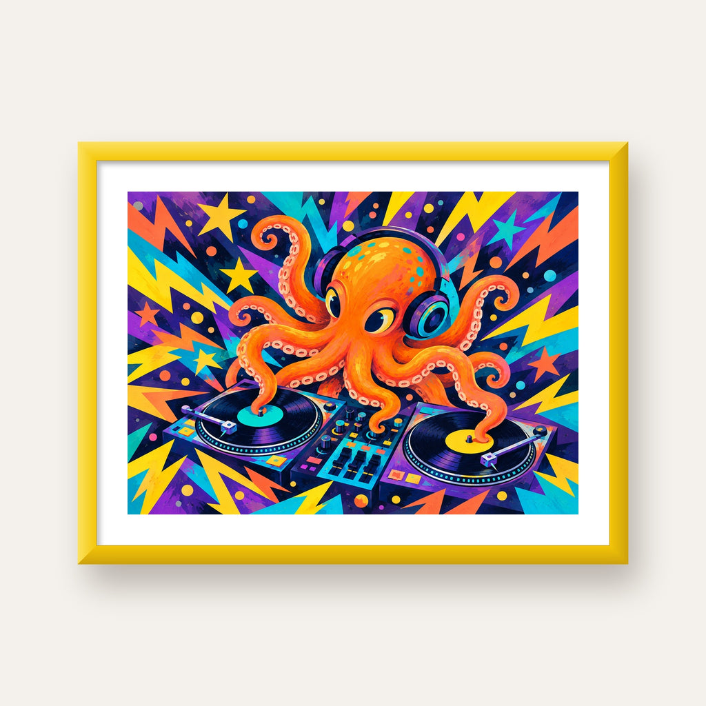 DJ Ahtapot Poster – Renkli Dijital İllüstrasyon Duvar Sanatı — sarı çerçeveli paspartulu