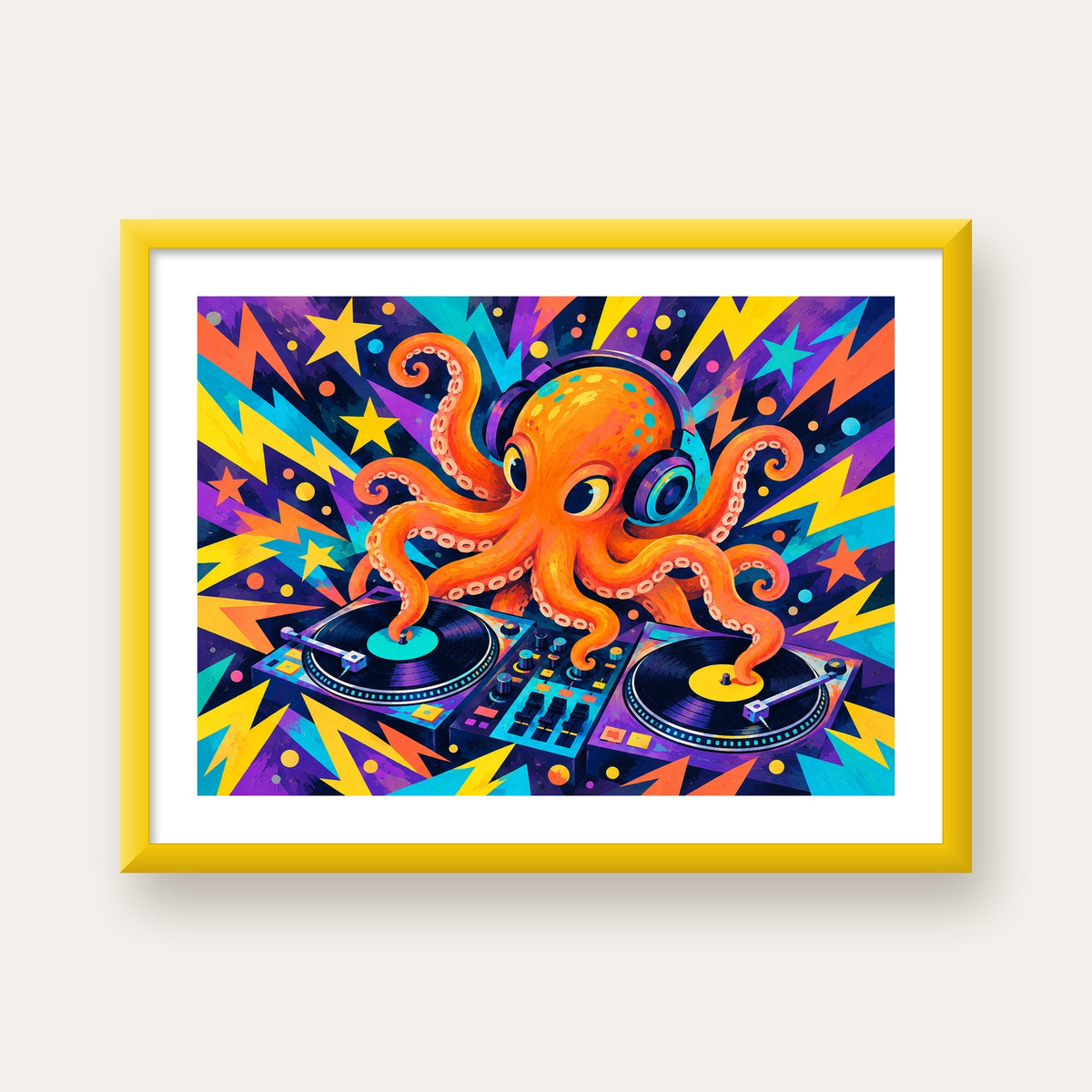 DJ Ahtapot Poster – Renkli Dijital İllüstrasyon Duvar Sanatı — sarı çerçeveli paspartulu
