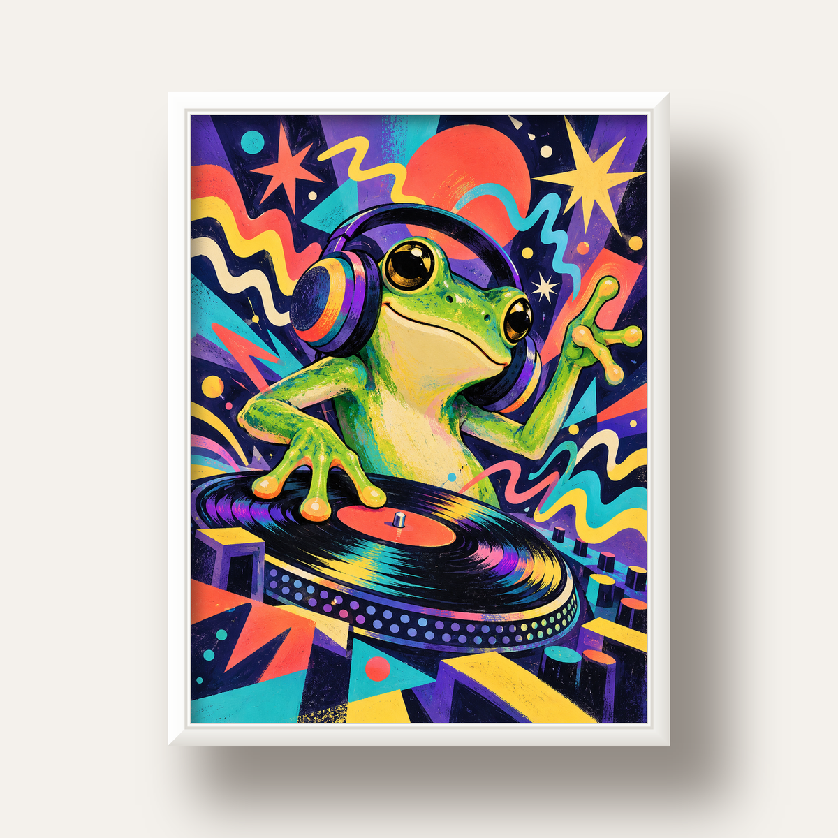 Renkli DJ Kurbağa ve Plak Poster – Eğlenceli Dijital Sanat — beyaz derin çerçeveli