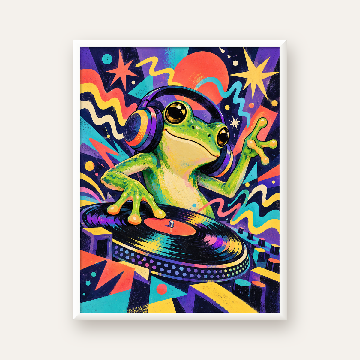 Renkli DJ Kurbağa ve Plak Poster – Eğlenceli Dijital Sanat — beyaz çerçeveli dikey poster