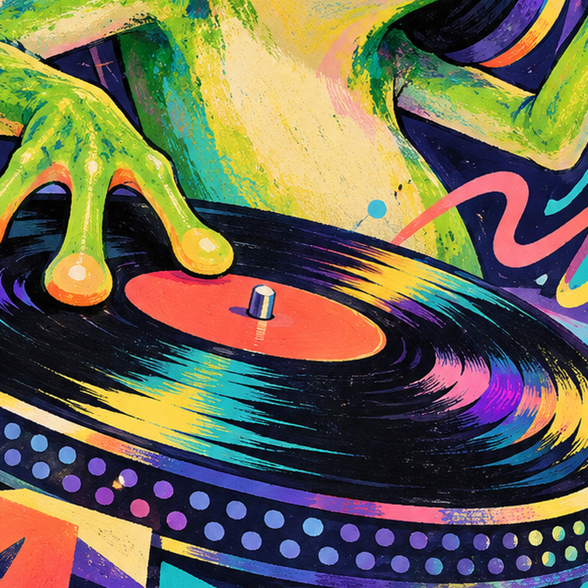 Renkli DJ Kurbağa ve Plak Poster – Eğlenceli Dijital Sanat — baskının yakın çekimi, kâğıt dokusu ve renk detayı