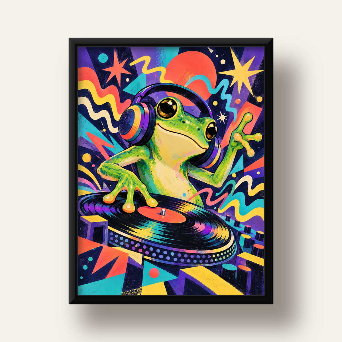 Renkli DJ Kurbağa ve Plak Poster – Eğlenceli Dijital Sanat — siyah derin çerçeveli