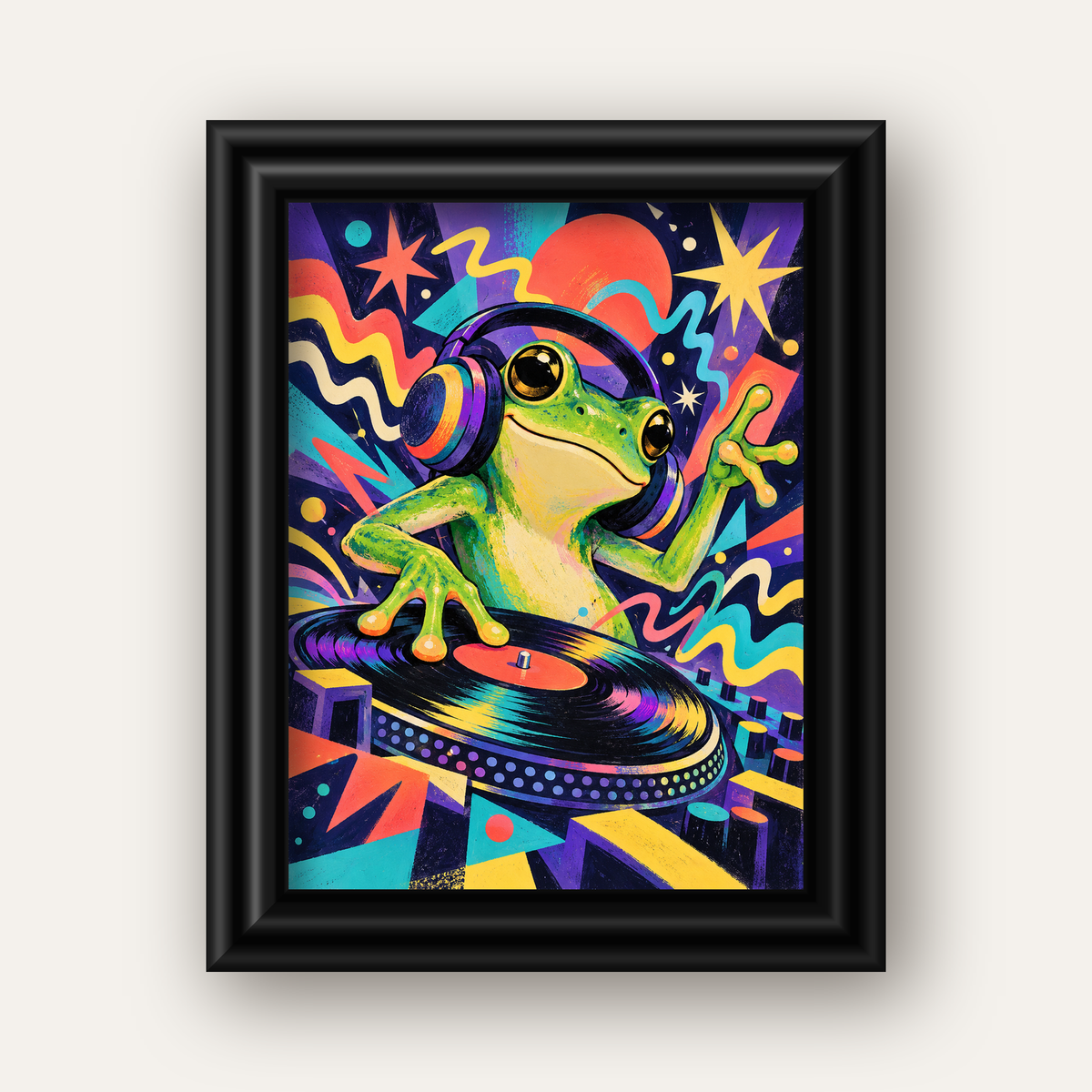 Renkli DJ Kurbağa ve Plak Poster – Eğlenceli Dijital Sanat — siyah galeri çerçeveli