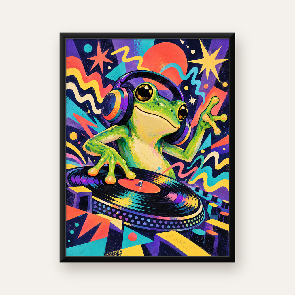 Renkli DJ Kurbağa ve Plak Poster – Eğlenceli Dijital Sanat — Dikey baskı, düz siyah çerçeveli duvar posteri