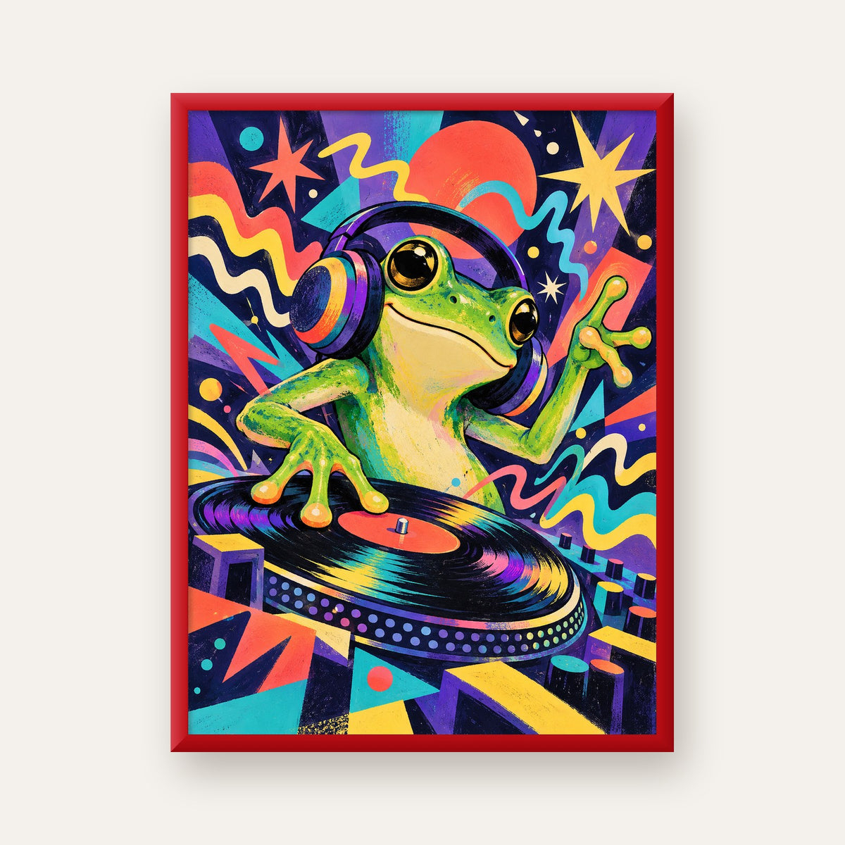 Renkli DJ Kurbağa ve Plak Poster – Eğlenceli Dijital Sanat — kırmızı çerçeveli