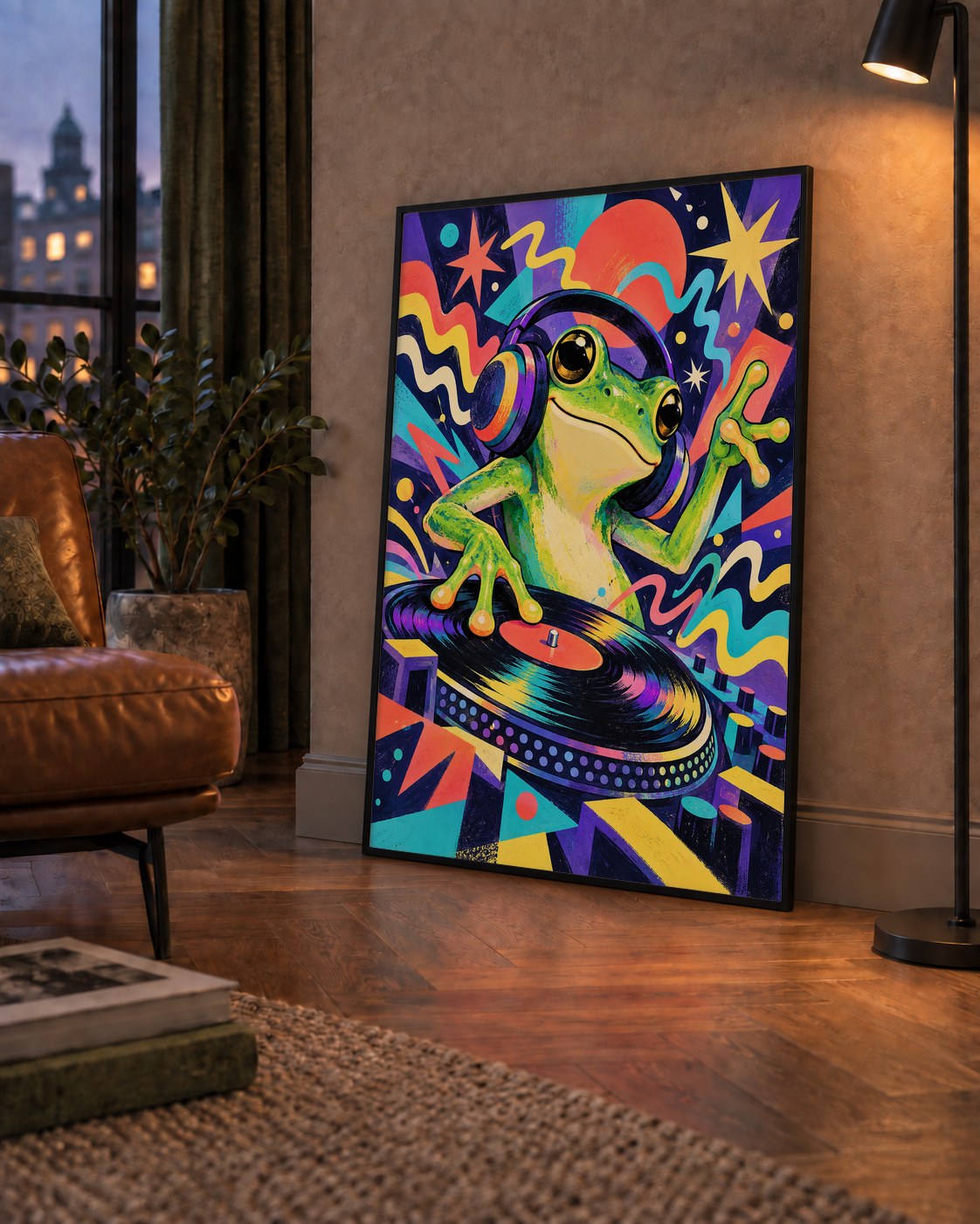 Renkli DJ Kurbağa ve Plak Poster – Eğlenceli Dijital Sanat — çerçeveli hâliyle bir ev duvarında