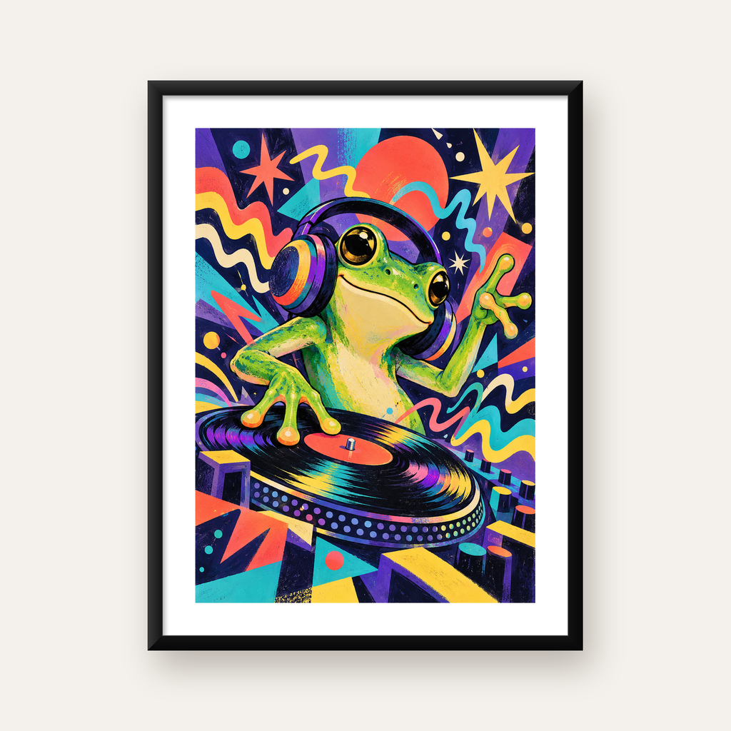Renkli DJ Kurbağa ve Plak Poster – Eğlenceli Dijital Sanat — Dikey baskı, beyaz paspartulu