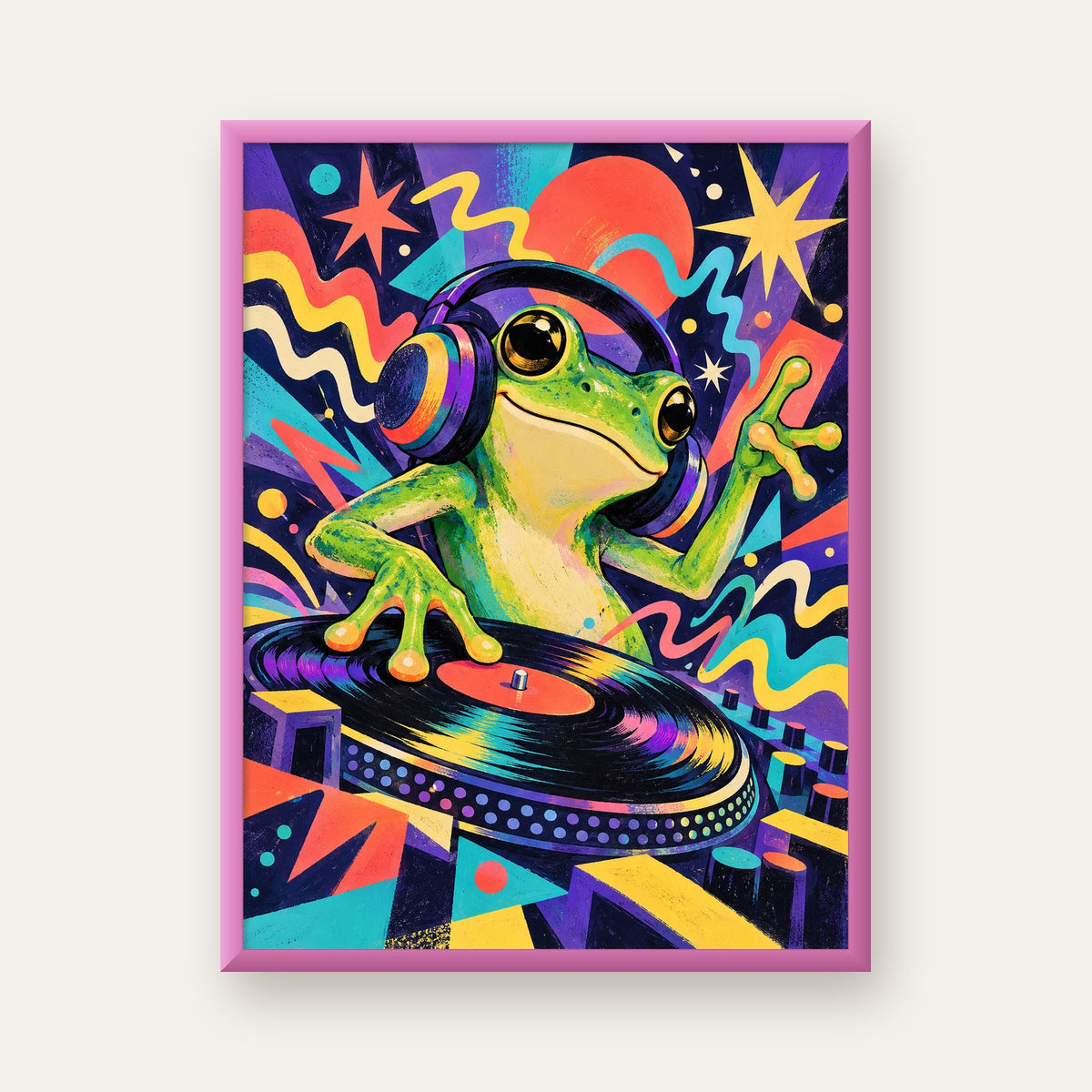 Renkli DJ Kurbağa ve Plak Poster – Eğlenceli Dijital Sanat — pembe çerçeveli