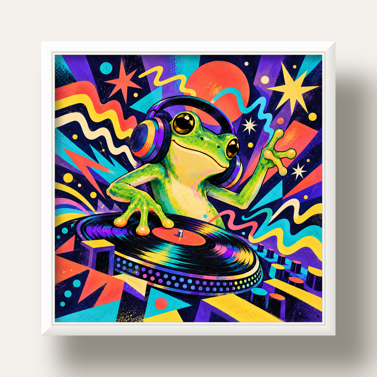 Renkli DJ Kurbağa ve Plak Poster – Eğlenceli Dijital Sanat — beyaz derin çerçeveli