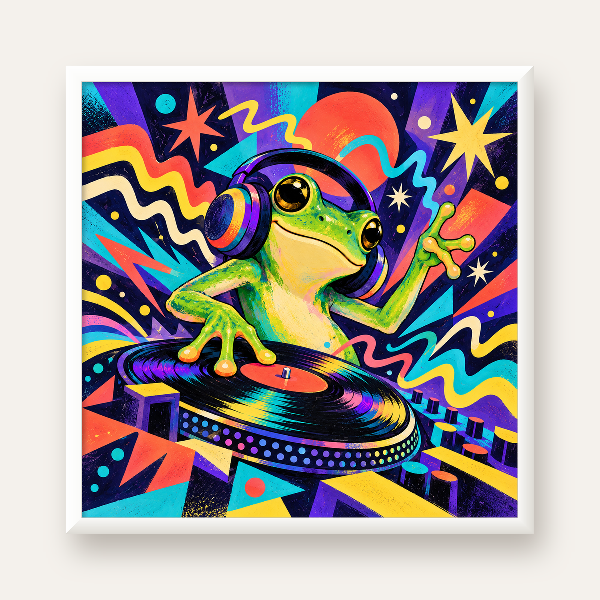 Renkli DJ Kurbağa ve Plak Poster – Eğlenceli Dijital Sanat — beyaz çerçeveli kare poster