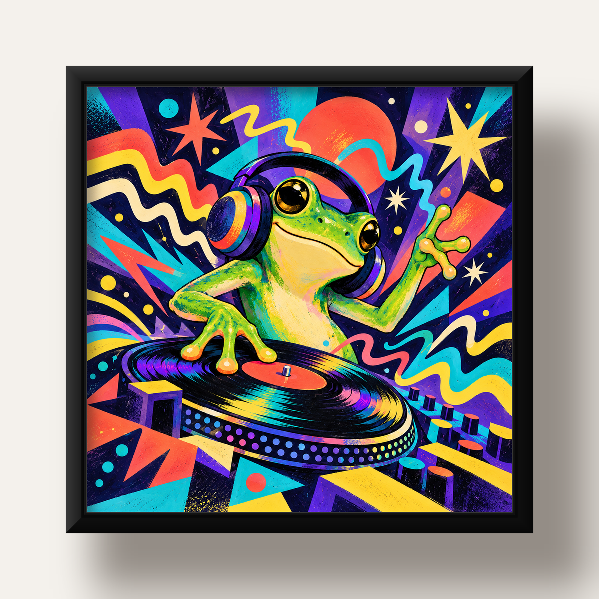 Renkli DJ Kurbağa ve Plak Poster – Eğlenceli Dijital Sanat — siyah derin çerçeveli