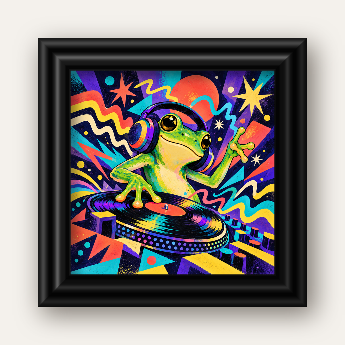 Renkli DJ Kurbağa ve Plak Poster – Eğlenceli Dijital Sanat — siyah galeri çerçeveli
