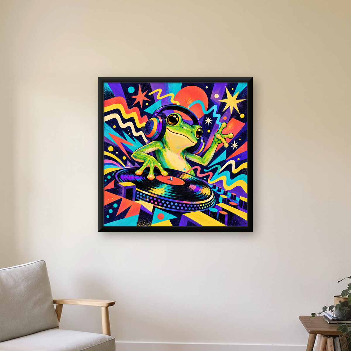 Renkli DJ Kurbağa ve Plak Poster – Eğlenceli Dijital Sanat — Kare baskı, çerçeveli hâliyle bir ev duvarında