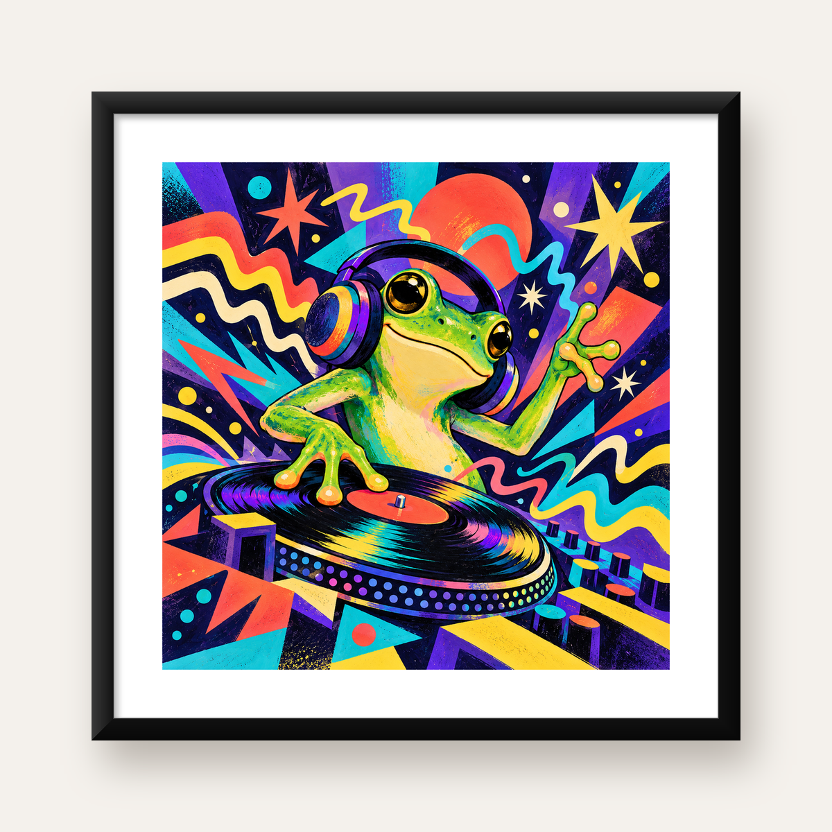 Renkli DJ Kurbağa ve Plak Poster – Eğlenceli Dijital Sanat — Kare baskı, beyaz paspartulu