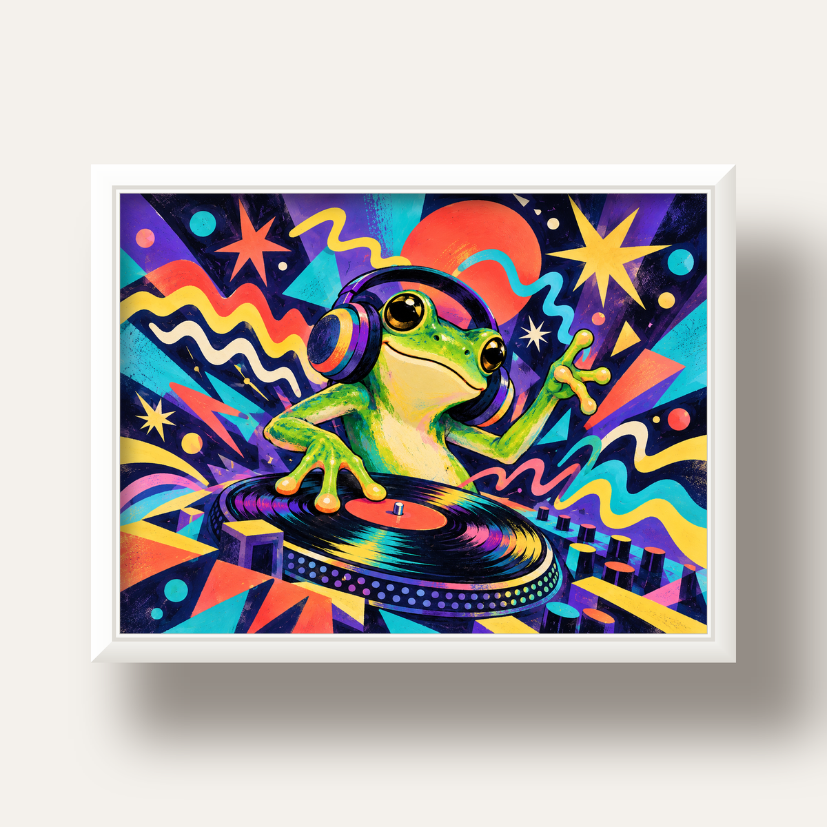 Renkli DJ Kurbağa ve Plak Poster – Eğlenceli Dijital Sanat — beyaz derin çerçeveli