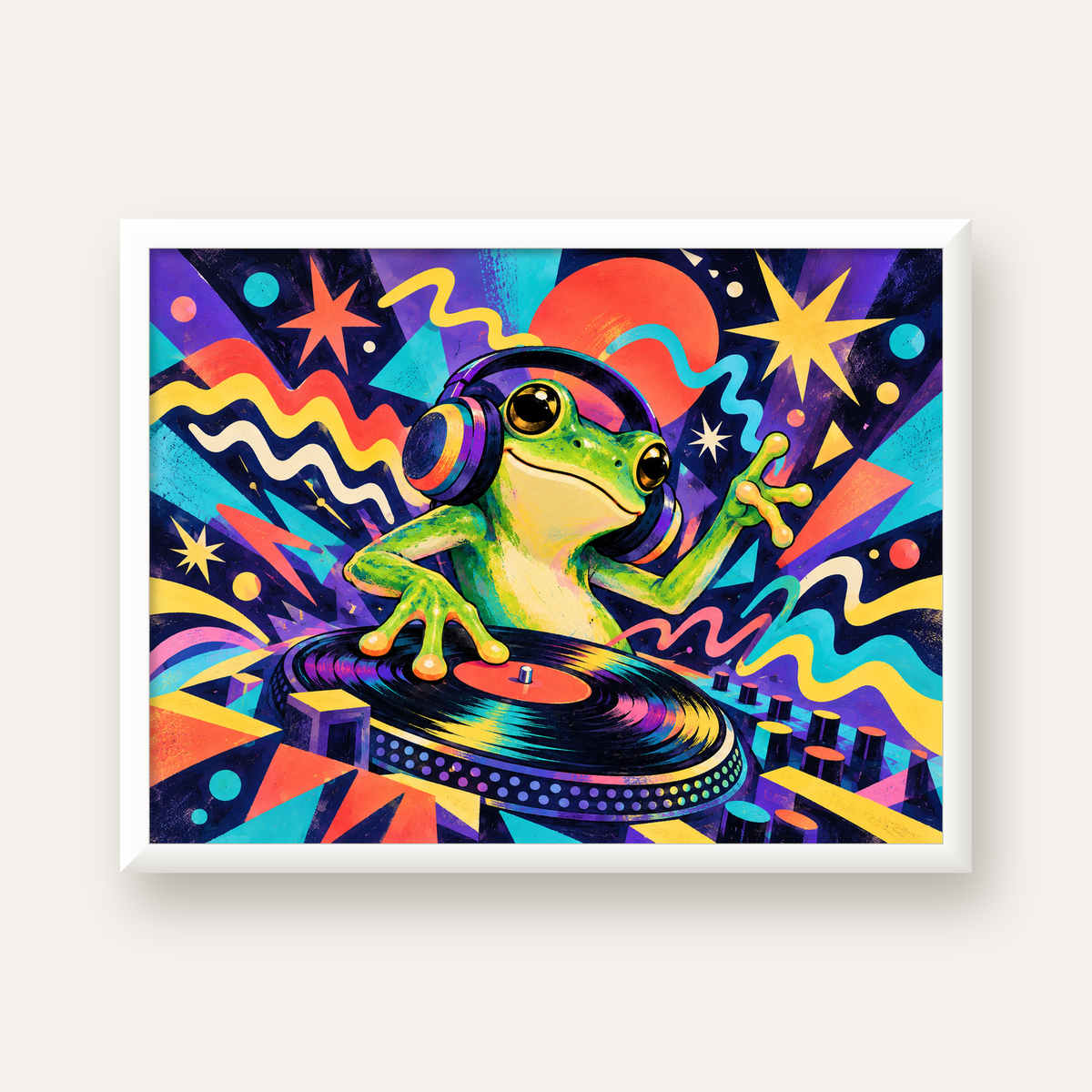 Renkli DJ Kurbağa ve Plak Poster – Eğlenceli Dijital Sanat — beyaz çerçeveli yatay poster