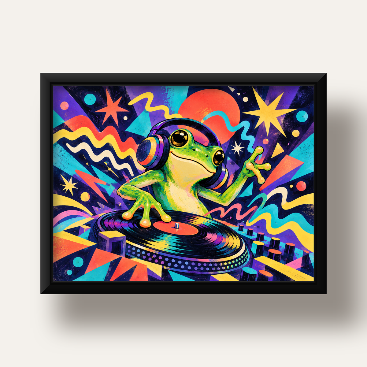 Renkli DJ Kurbağa ve Plak Poster – Eğlenceli Dijital Sanat — siyah derin çerçeveli