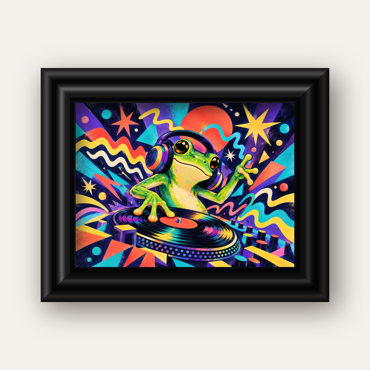 Renkli DJ Kurbağa ve Plak Poster – Eğlenceli Dijital Sanat — siyah galeri çerçeveli