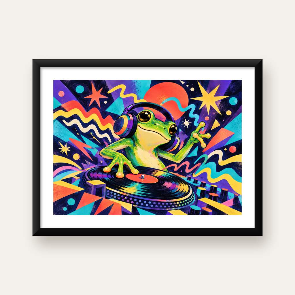 Renkli DJ Kurbağa ve Plak Poster – Eğlenceli Dijital Sanat — Yatay baskı, beyaz paspartulu