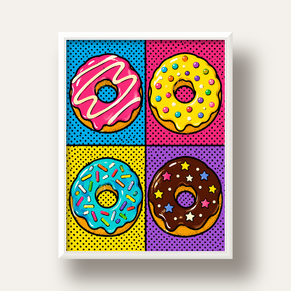Pop Art Renkli Donutlar Poster - Dijital İllüstrasyon — beyaz derin çerçeveli