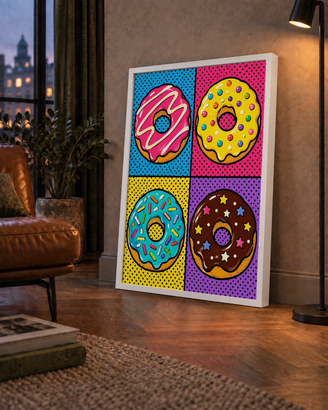 Pop Art Renkli Donutlar Poster - Dijital İllüstrasyon — çerçeveli hâliyle bir ev duvarında