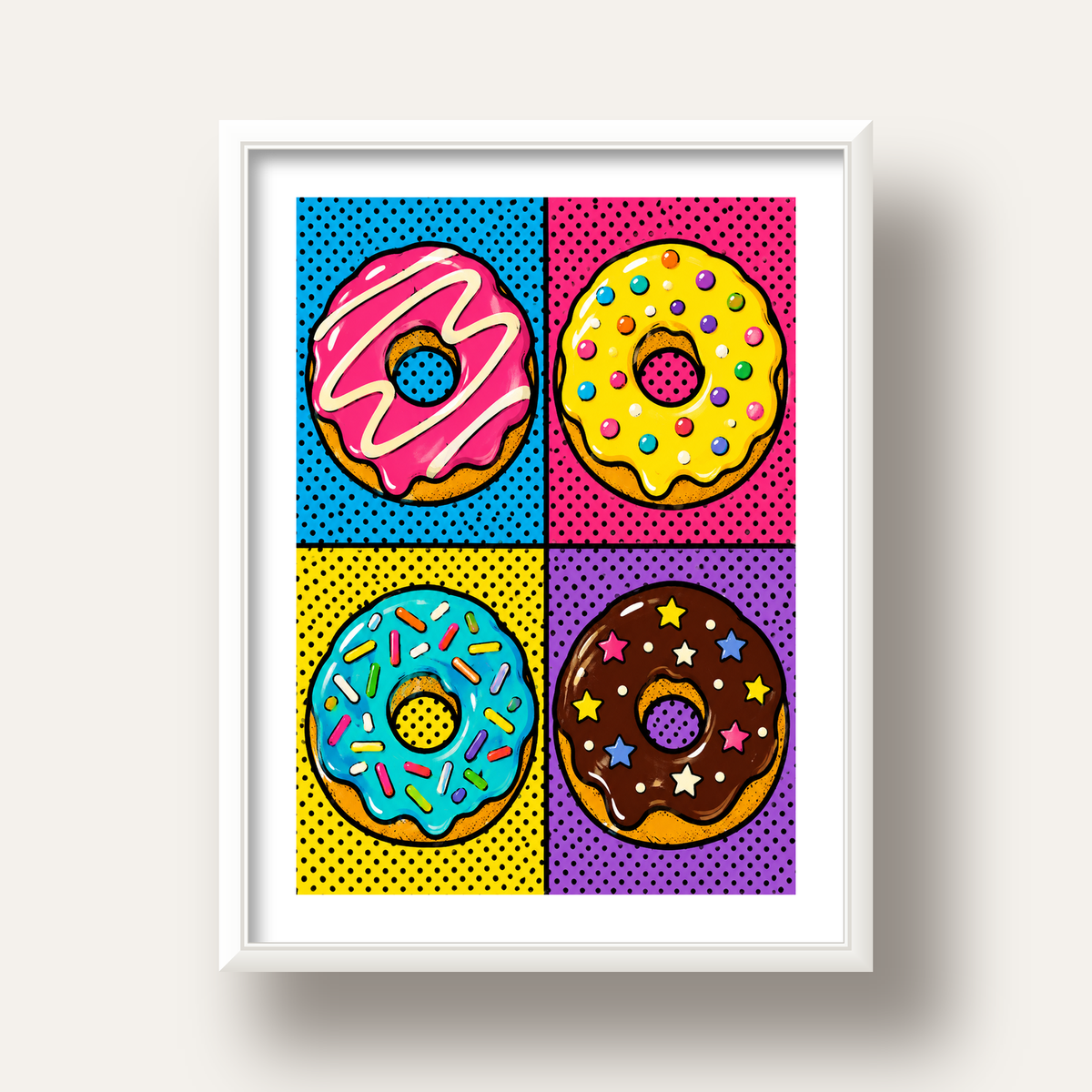 Pop Art Renkli Donutlar Poster - Dijital İllüstrasyon — beyaz derin çerçeveli paspartulu