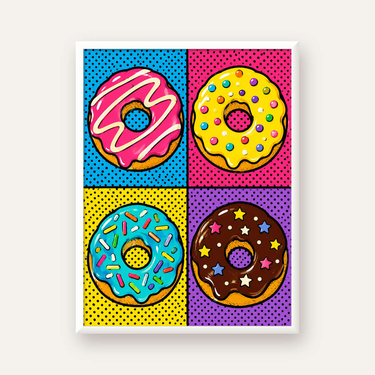 Pop Art Renkli Donutlar Poster - Dijital İllüstrasyon — beyaz çerçeveli dikey poster