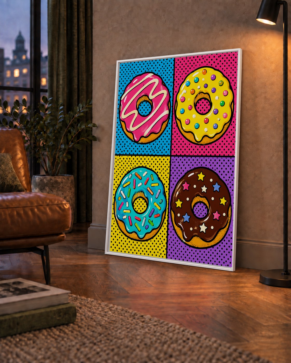 Pop Art Renkli Donutlar Poster - Dijital İllüstrasyon — çerçeveli hâliyle bir ev duvarında