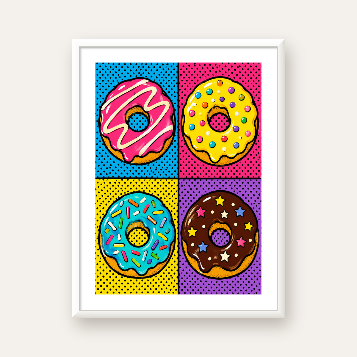 Pop Art Renkli Donutlar Poster - Dijital İllüstrasyon — beyaz çerçeveli dikey poster