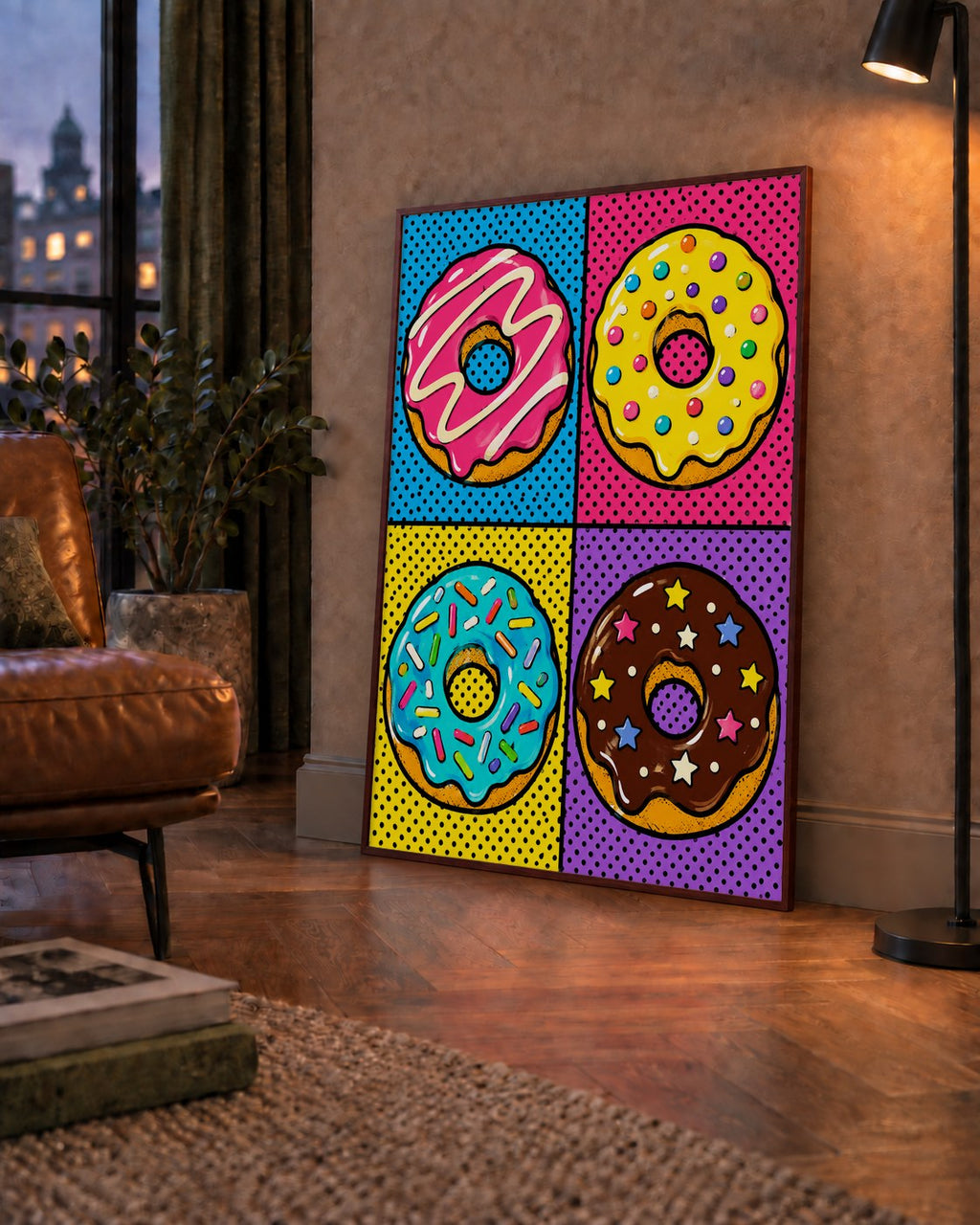 Pop Art Renkli Donutlar Poster - Dijital İllüstrasyon — çerçeveli hâliyle bir ev duvarında
