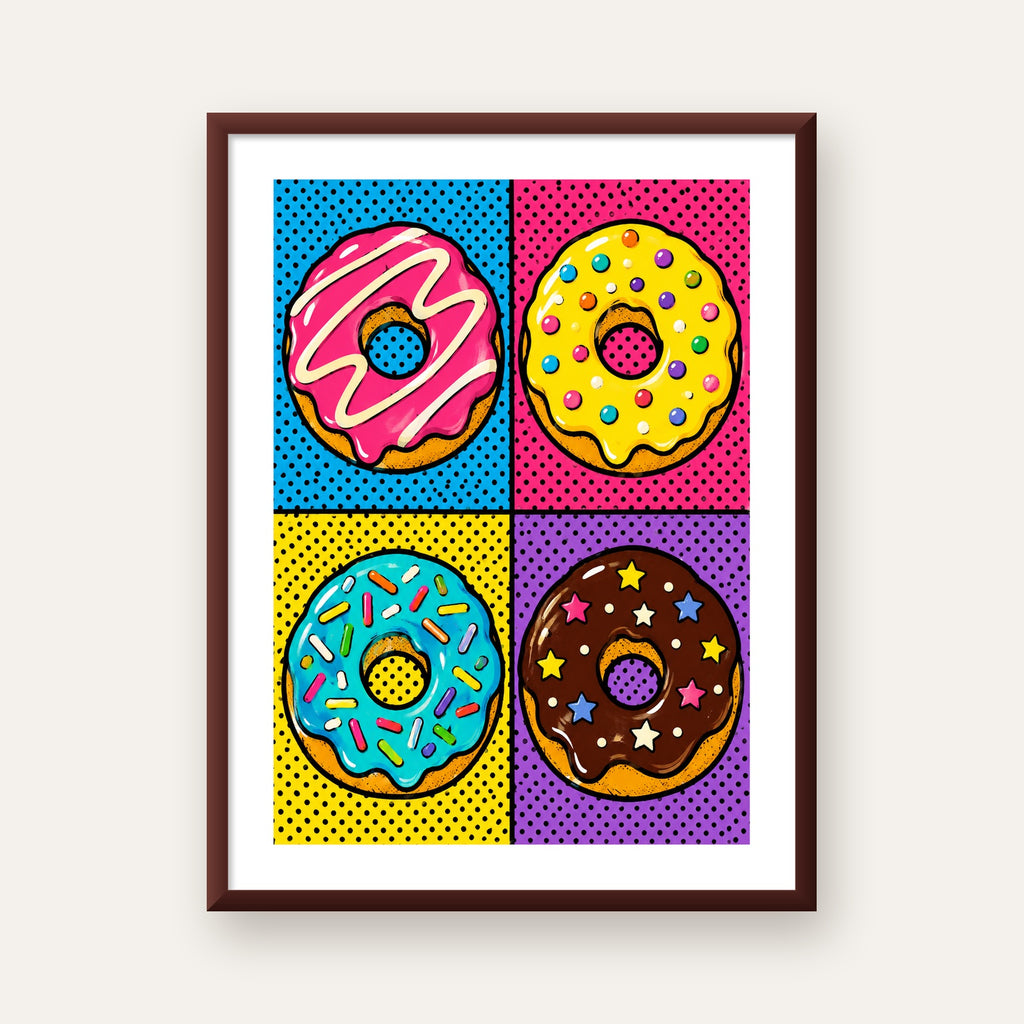 Pop Art Renkli Donutlar Poster - Dijital İllüstrasyon — ceviz çerçeveli paspartulu