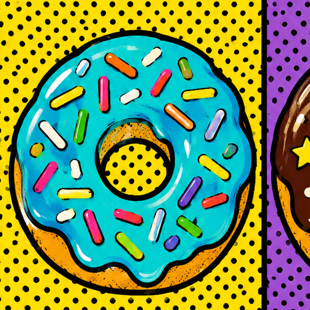 Pop Art Renkli Donutlar Poster - Dijital İllüstrasyon — baskının yakın çekimi, kâğıt dokusu ve renk detayı