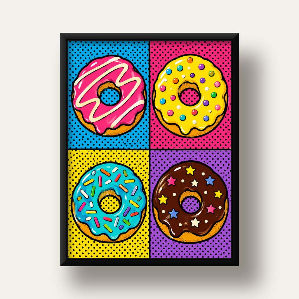 Pop Art Renkli Donutlar Poster - Dijital İllüstrasyon — siyah derin çerçeveli