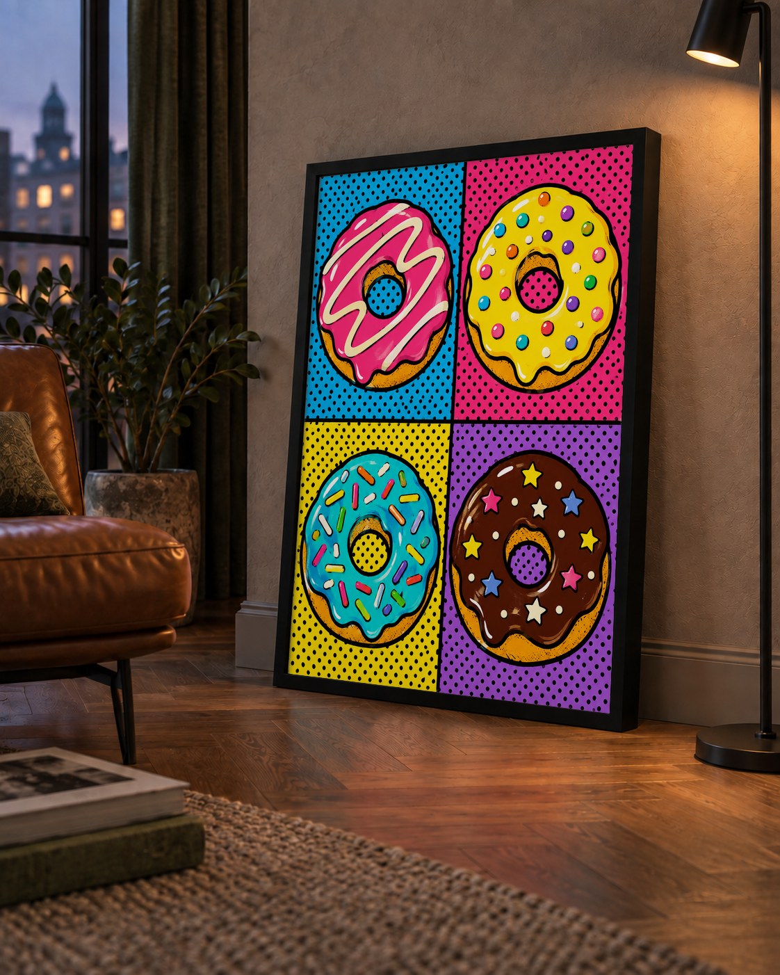Pop Art Renkli Donutlar Poster - Dijital İllüstrasyon — çerçeveli hâliyle bir ev duvarında