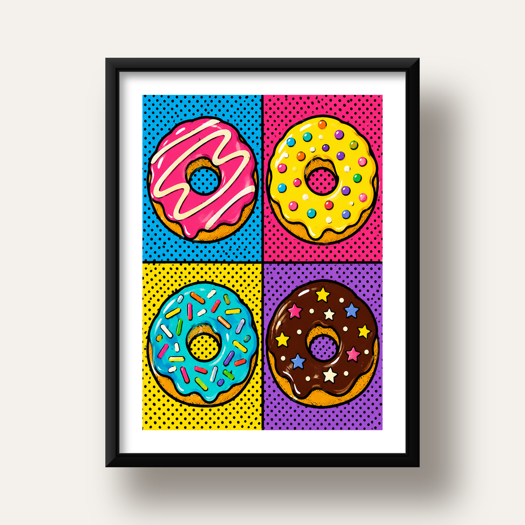 Pop Art Renkli Donutlar Poster - Dijital İllüstrasyon — siyah derin çerçeveli paspartulu