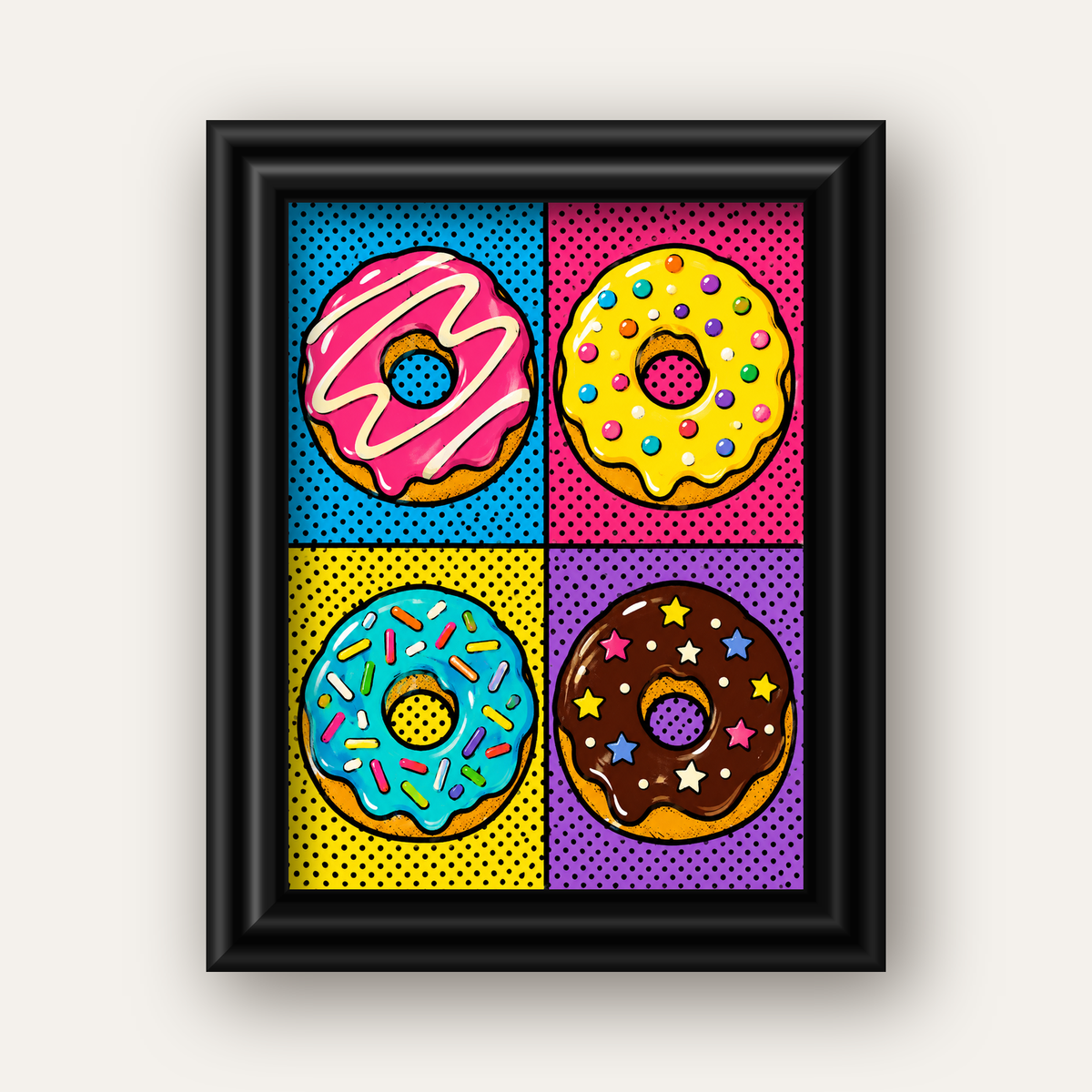 Pop Art Renkli Donutlar Poster - Dijital İllüstrasyon — siyah galeri çerçeveli