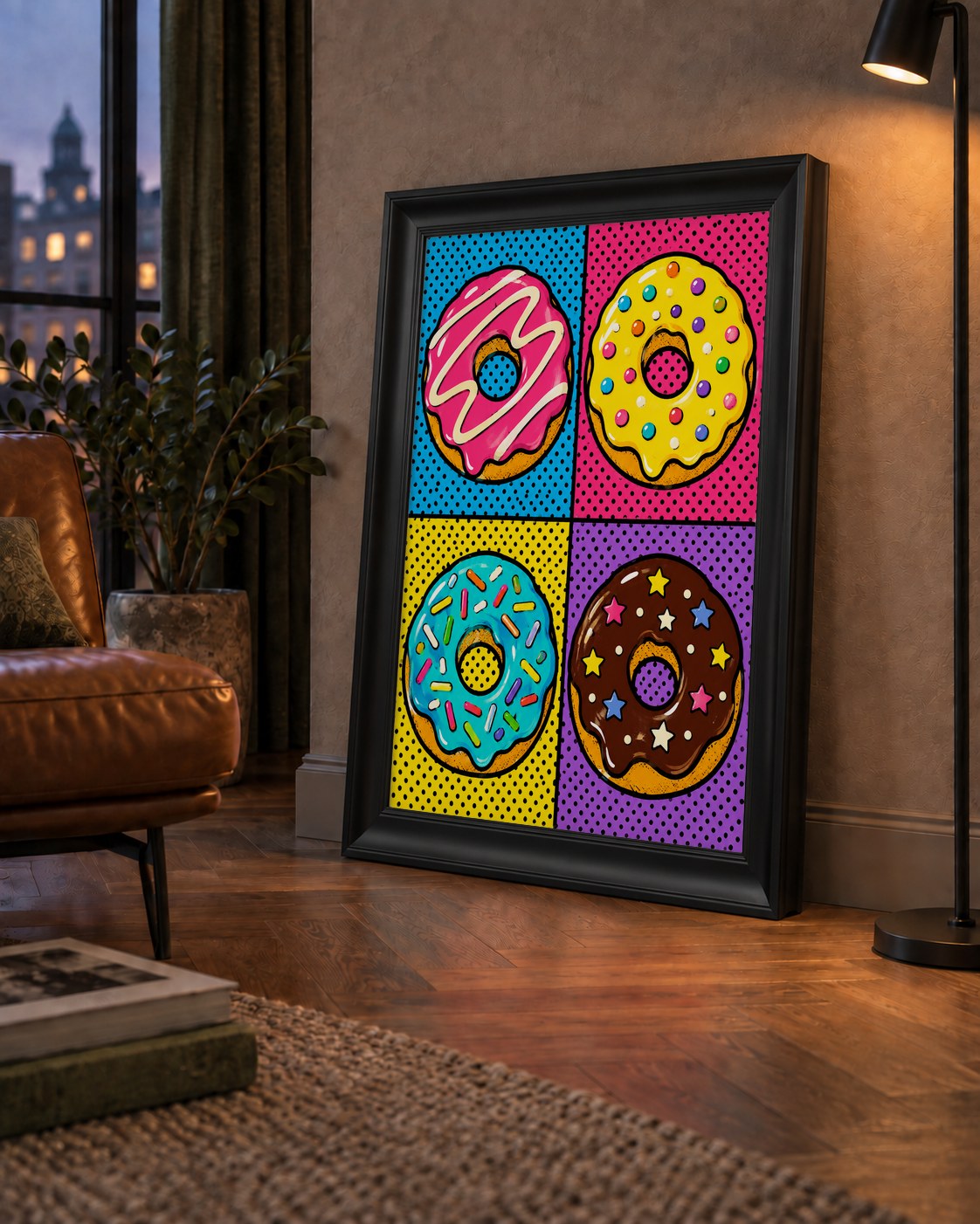 Pop Art Renkli Donutlar Poster - Dijital İllüstrasyon — çerçeveli hâliyle bir ev duvarında