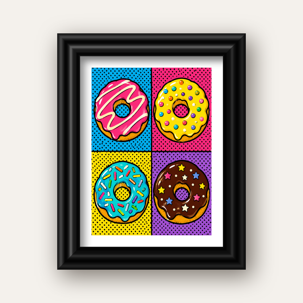 Pop Art Renkli Donutlar Poster - Dijital İllüstrasyon — siyah galeri çerçeveli paspartulu