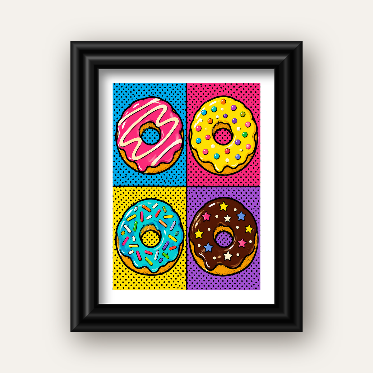 Pop Art Renkli Donutlar Poster - Dijital İllüstrasyon — siyah galeri çerçeveli paspartulu