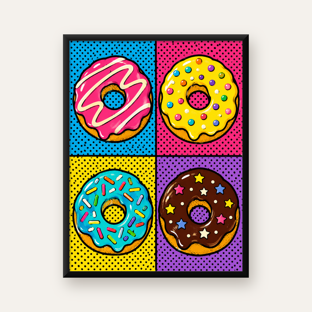 Pop Art Renkli Donutlar Poster - Dijital İllüstrasyon — Dikey baskı, düz siyah çerçeveli duvar posteri