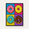Pop Art Renkli Donutlar Poster - Dijital İllüstrasyon — Dikey baskı, düz siyah çerçeveli duvar posteri