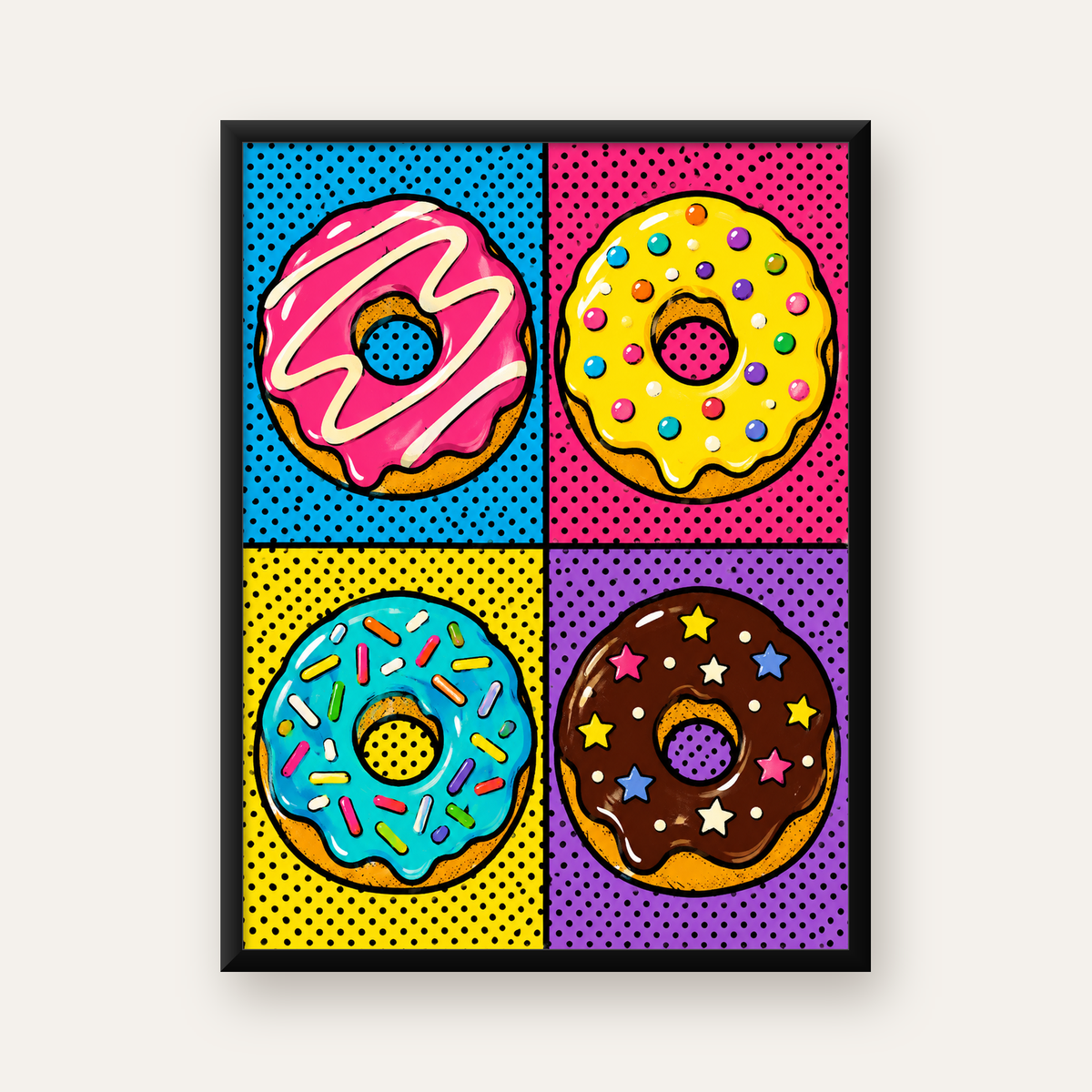 Pop Art Renkli Donutlar Poster - Dijital İllüstrasyon — Dikey baskı, düz siyah çerçeveli duvar posteri