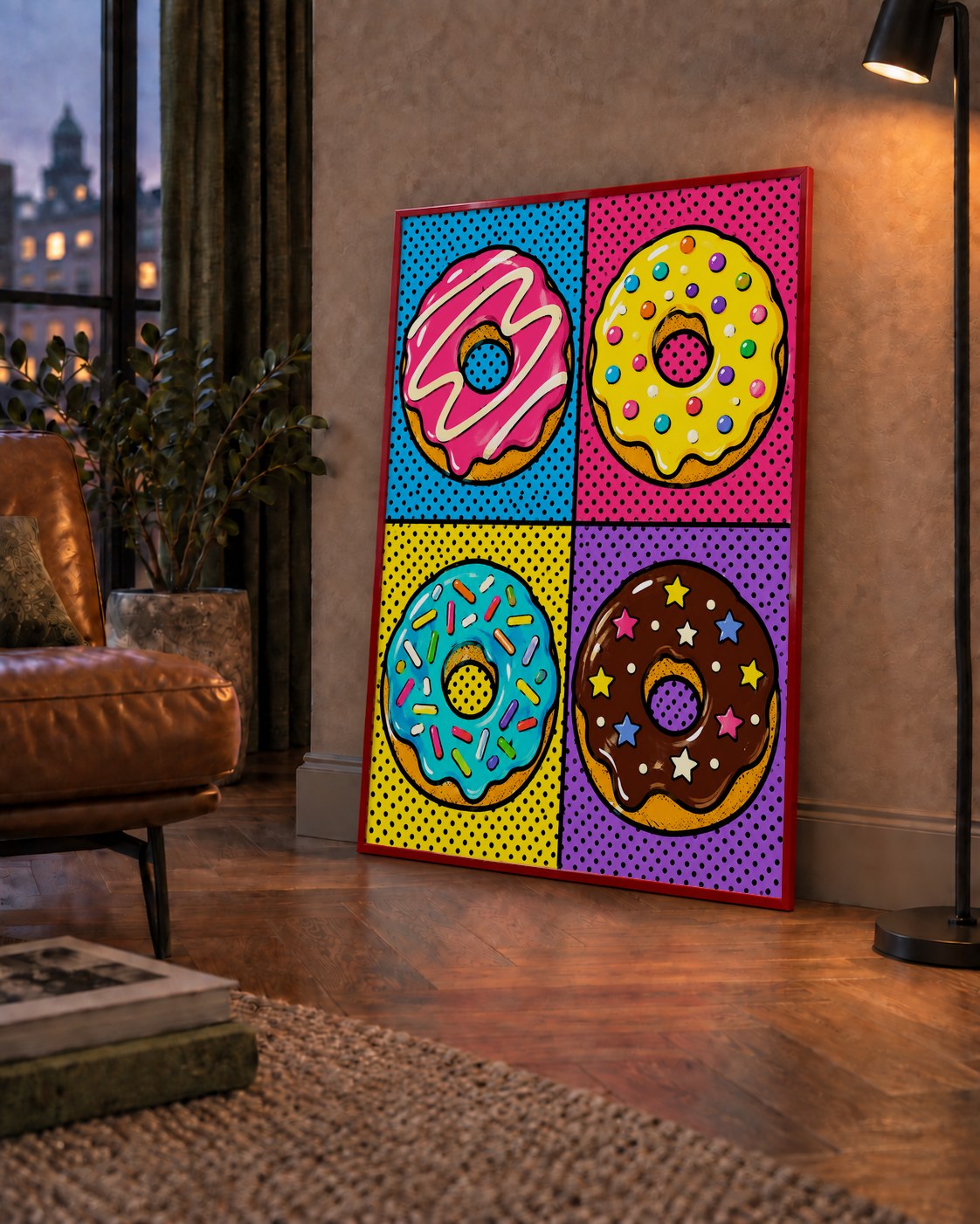 Pop Art Renkli Donutlar Poster - Dijital İllüstrasyon — çerçeveli hâliyle bir ev duvarında