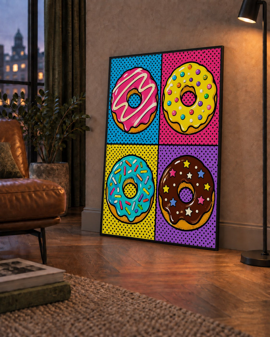 Pop Art Renkli Donutlar Poster - Dijital İllüstrasyon — çerçeveli hâliyle bir ev duvarında